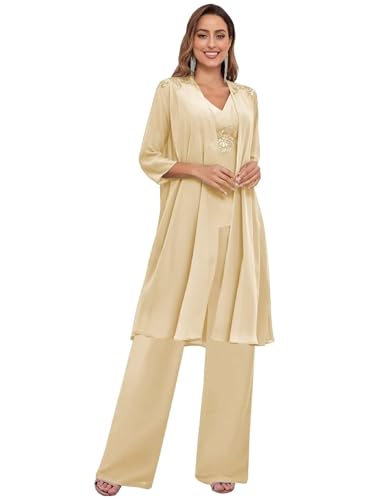 JIIL 3 Stück Mutter der Braut Hosenanzüge mit Jacke für Hochzeit 3/4 Ärmel Formal Prom Abend Cocktail Hose Outfit Champagner 56 von JIIL