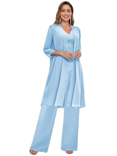 JIIL 3 Stück Mutter der Braut Hosenanzüge mit Jacke für Hochzeit 3/4 Ärmel Formal Prom Abend Cocktail Hose Outfit Himmelblau 50 von JIIL