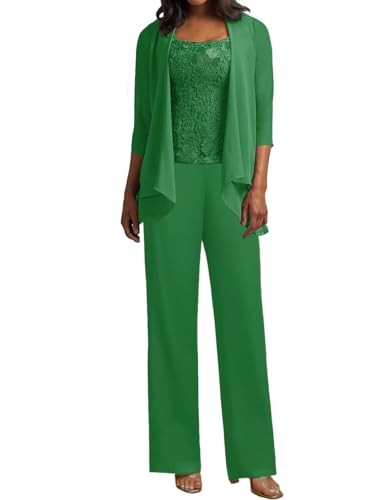 JIIL 3 Teilig Hosenanzug Damen - Spitze Mutter der Braut Kleid Set Hochzeit Gast Hosen Set Grün 50 von JIIL