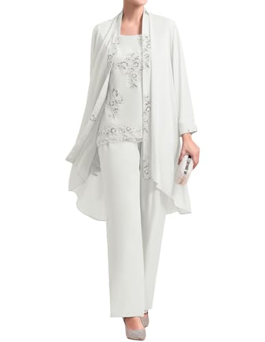 JIIL 3 Stücke Damen Hosen Set für Hochzeit Chiffon Brautmutterkleid mit Jacke Festliche Partykleid Elfenbein 56 von JIIL