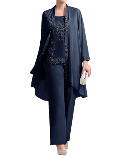JIIL 3 Stücke Damen Hosen Set für Hochzeit Chiffon Brautmutterkleid mit Jacke Festliche Partykleid Navy blau 42 von JIIL