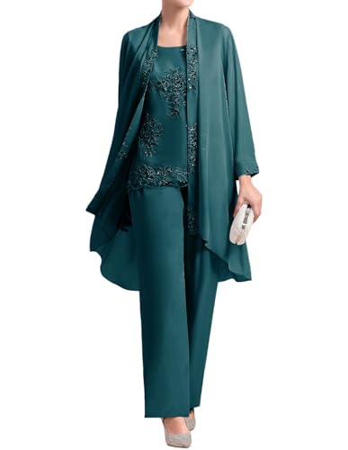 JIIL 3 Stücke Damen Hosen Set für Hochzeit Chiffon Brautmutterkleid mit Jacke Festliche Partykleid Pfau 56 JIIL 3 Stücke Damen Hosen Set für Hochzeit Chiffon Brautmutterkleid mit Jacke Festliche Partykleid Pfau 56 von JIIL