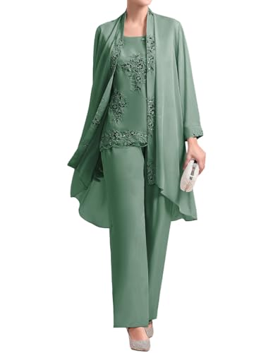 JIIL 3 Stücke Damen Hosen Set für Hochzeit Chiffon Brautmutterkleid mit Jacke Festliche Partykleid Salbeigrün 42 JIIL 3 Stücke Damen Hosen Set für Hochzeit Chiffon Brautmutterkleid mit Jacke Festliche Partykleid Salbeigrün 42 von JIIL