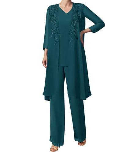 JIIL 3 Stücke Festliche Hosenanzug Elegant Langarm Brautmutterkleid mit Jacke Große Größen Pfau 50 von JIIL