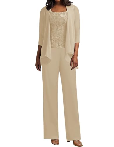 JIIL 3 Teilig Hosenanzug Damen - Spitze Mutter der Braut Kleid Set Hochzeit Gast Hosen Set Champagner 48 von JIIL