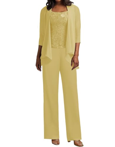 JIIL 3 Teilig Hosenanzug Damen - Spitze Mutter der Braut Kleid Set Hochzeit Gast Hosen Set Gold 48 JIIL 3 Teilig Hosenanzug Damen - Spitze Mutter der Braut Kleid Set Hochzeit Gast Hosen Set Gold 48 von JIIL