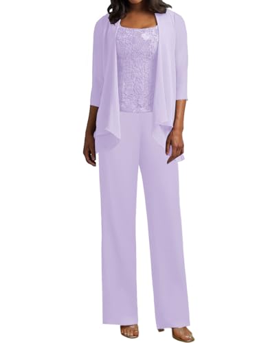 JIIL 3 Teilig Hosenanzug Damen - Spitze Mutter der Braut Kleid Set Hochzeit Gast Hosen Set Lila 48 von JIIL