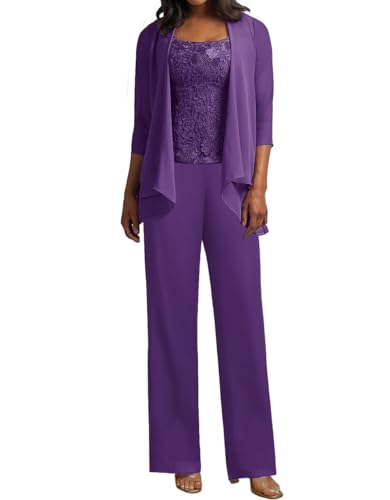 JIIL 3 Teilig Hosenanzug Damen - Mutter der Braut Kleider Spitze Hosenanzüge mit Jacke Braut Kleid Set Hochzeit Gast Hosen Set Violett 44 von JIIL
