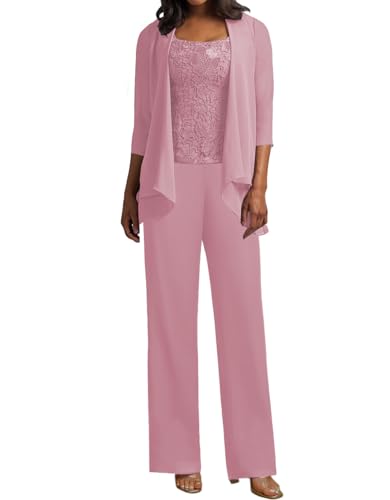 JIIL 3 Teilig Hosenanzug Damen - Spitze Mutter der Braut Kleid Set Hochzeit Gast Hosen Set Baby-pink 42 von JIIL