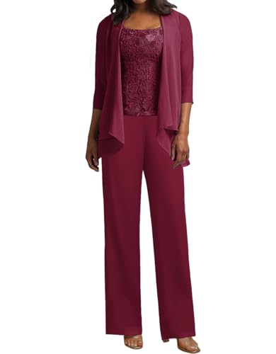 JIIL 3 Teilig Hosenanzug Damen - Spitze Mutter der Braut Kleid Set Hochzeit Gast Hosen Set Burgund 48 von JIIL