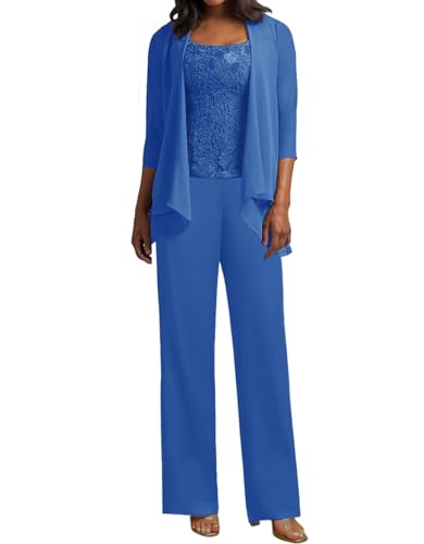 JIIL 3 Teilig Hosenanzug Damen - Spitze Mutter der Braut Kleid Set Hochzeit Gast Hosen Set Dunkel-blau 38 von JIIL