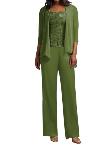 JIIL 3 Teilig Hosenanzug Damen - Spitze Mutter der Braut Kleid Set Hochzeit Gast Hosen Set Dunkel-olivgrün 38 von JIIL