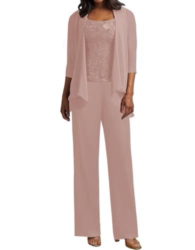 JIIL 3 Teilig Hosenanzug Damen - Spitze Mutter der Braut Kleid Set Hochzeit Gast Hosen Set Dunkel-rosa 40 von JIIL