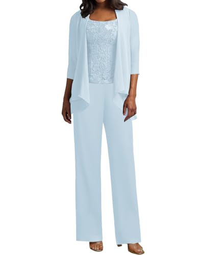 JIIL 3 Teilig Hosenanzug Damen - Spitze Mutter der Braut Kleid Set Hochzeit Gast Hosen Set Eisblau 46 von JIIL