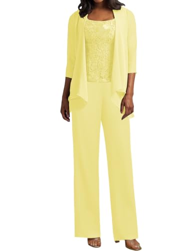 JIIL 3 Teilig Hosenanzug Damen - Spitze Mutter der Braut Kleid Set Hochzeit Gast Hosen Set Gelb 48 von JIIL