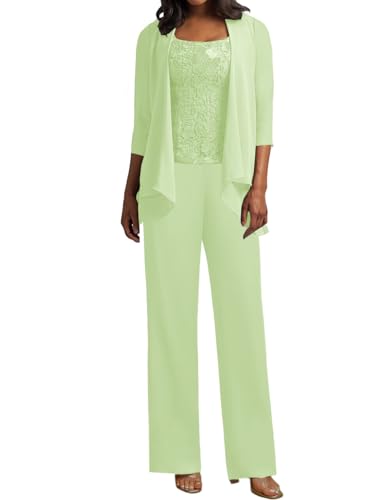 JIIL 3 Teilig Hosenanzug Damen - Spitze Mutter der Braut Kleid Set Hochzeit Gast Hosen Set Hell-salbeigrün 42 JIIL 3 Teilig Hosenanzug Damen - Spitze Mutter der Braut Kleid Set Hochzeit Gast Hosen Set Hell-salbeigrün 42 von JIIL