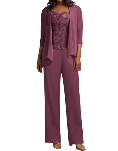 JIIL 3 Teilig Hosenanzug Damen - Spitze Mutter der Braut Kleid Set Hochzeit Gast Hosen Set Himbeerenrot 38 von JIIL