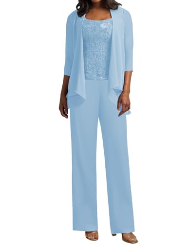 JIIL 3 Teilig Hosenanzug Damen - Spitze Mutter der Braut Kleid Set Hochzeit Gast Hosen Set Himmelblau 38 von JIIL