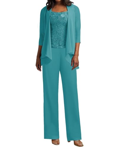 JIIL 3 Teilig Hosenanzug Damen - Spitze Mutter der Braut Kleid Set Hochzeit Gast Hosen Set Jade 56 von JIIL