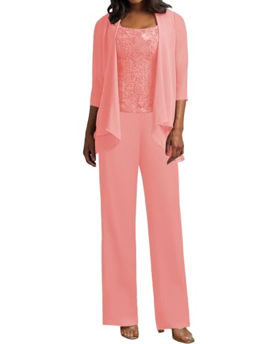 JIIL 3 Teilig Hosenanzug Damen - Spitze Mutter der Braut Kleid Set Hochzeit Gast Hosen Set Koralle 34 von JIIL