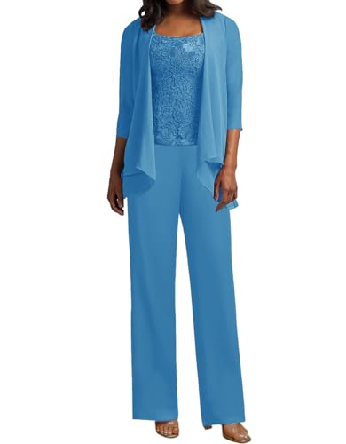 JIIL 3 Teilig Hosenanzug Damen - Spitze Mutter der Braut Kleid Set Hochzeit Gast Hosen Set Meerblau 46 von JIIL