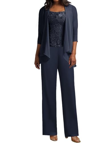JIIL 3 Teilig Hosenanzug Damen - Spitze Mutter der Braut Kleid Set Hochzeit Gast Hosen Set Navy-blau 56 von JIIL