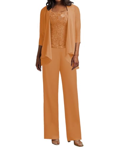 JIIL 3 Teilig Hosenanzug Damen - Spitze Mutter der Braut Kleid Set Hochzeit Gast Hosen Set Orange 44 von JIIL