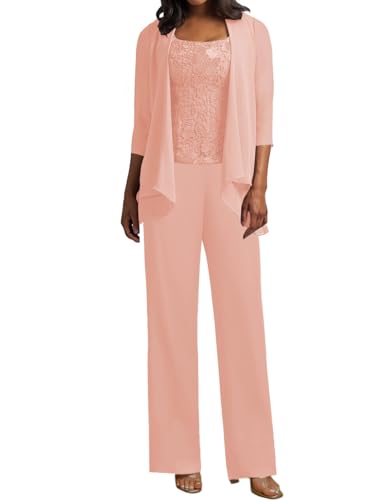 JIIL 3 Teilig Hosenanzug Damen - Spitze Mutter der Braut Kleid Set Hochzeit Gast Hosen Set Rosarot 40 von JIIL
