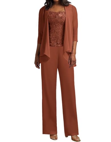 JIIL 3 Teilig Hosenanzug Damen - Spitze Mutter der Braut Kleid Set Hochzeit Gast Hosen Set Rostrot 40 von JIIL