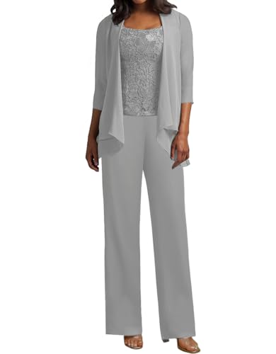 JIIL 3 Teilig Hosenanzug Damen - Spitze Mutter der Braut Kleid Set Hochzeit Gast Hosen Set Silber 50 JIIL 3 Teilig Hosenanzug Damen - Spitze Mutter der Braut Kleid Set Hochzeit Gast Hosen Set Silber 50 von JIIL