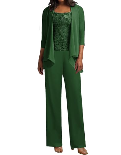 JIIL 3 Teilig Hosenanzug Damen - Spitze Mutter der Braut Kleid Set Hochzeit Gast Hosen Set Smaragdgrün 46 von JIIL