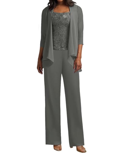 JIIL 3 Teilig Hosenanzug Damen - Spitze Mutter der Braut Kleid Set Hochzeit Gast Hosen Set Stahlgrau 42 JIIL 3 Teilig Hosenanzug Damen - Spitze Mutter der Braut Kleid Set Hochzeit Gast Hosen Set Stahlgrau 42 von JIIL