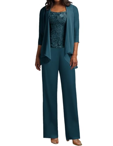 JIIL 3 Teilig Hosenanzug Damen - Spitze Mutter der Braut Kleid Set Hochzeit Gast Hosen Set Tintenblau 44 von JIIL