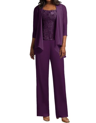 JIIL 3 Teilig Hosenanzug Damen - Spitze Mutter der Braut Kleid Set Hochzeit Gast Hosen Set Traube 42 von JIIL
