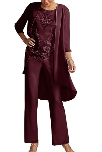 JIIL 3 Teilig Hosenanzug Lang - Chiffon Mutter der Braut Anzug für Hochzeit Elegant Hosen Set für Damen Dunkel rot A 38 von JIIL
