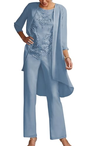 JIIL 3 Teilig Hosenanzug Lang - Mutter der Braut Anzug für Hochzeit Elegant Hosen Set für Damen Grau blau 52 von JIIL