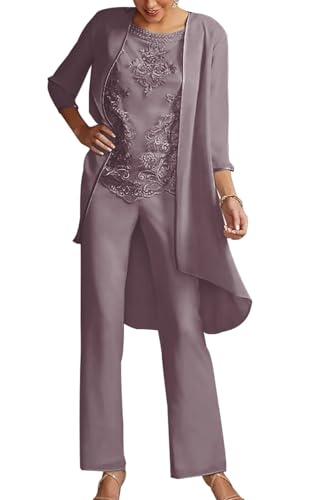 JIIL 3 Teilig Hosenanzug Lang - Mutter der Braut Anzug für Hochzeit Elegant Hosen Set für Damen Mauve 52 von JIIL