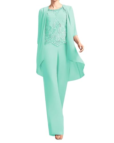 JIIL 3 teilig Damen Hosenanzug für Hochzeit 3/4 Ärmel Elegant Spitzen Chiffon Brautmutterkleider mit Jacke Aqua Blau 54 von JIIL