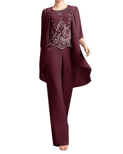 JIIL 3 teilig Damen Hosenanzug für Hochzeit 3/4 Ärmel Elegant Spitzen Chiffon Brautmutterkleider mit Jacke Burgund 44 von JIIL