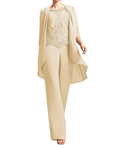 JIIL 3 teilig Damen Hosenanzug für Hochzeit 3/4 Ärmel Elegant Spitzen Chiffon Brautmutterkleider mit Jacke Champagner 44 von JIIL