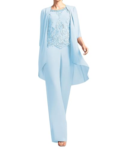 JIIL 3 teilig Damen Hosenanzug für Hochzeit 3/4 Ärmel Elegant Spitzen Chiffon Brautmutterkleider mit Jacke Hellblau 44 von JIIL