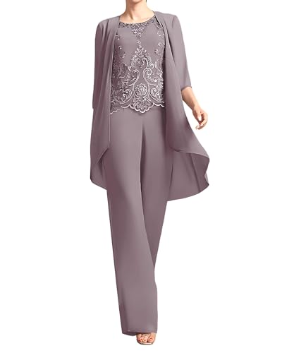 JIIL 3 teilig Damen Hosenanzug für Hochzeit 3/4 Ärmel Elegant Spitzen Chiffon Brautmutterkleider mit Jacke Mauve 34 von JIIL