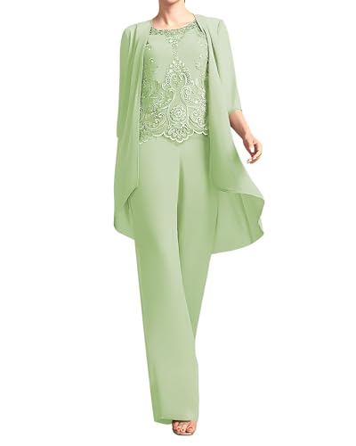 JIIL 3 teilig Damen Hosenanzug für Hochzeit 3/4 Ärmel Elegant Spitzen Chiffon Brautmutterkleider mit Jacke Salbeigrün 48 von JIIL