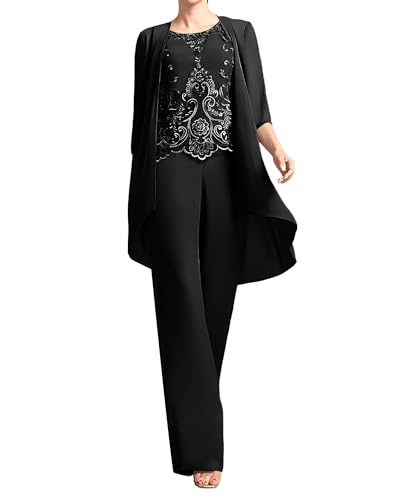 JIIL 3 teilig Damen Hosenanzug für Hochzeit 3/4 Ärmel Elegant Spitzen Chiffon Brautmutterkleider mit Jacke Schwarz 44 von JIIL