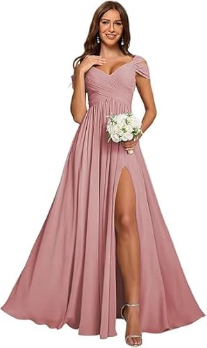 JIIL Abend Kleider Damen Elegant,Damen Off Shoulder Chiffon Brautjungfernkleider Lang - Formeller A-Linie V-Ausschnitt Lang Abendkleider Elegant Hochzeit Schlitz Staubige Rose 46 von JIIL