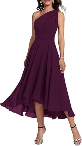 JIIL Abendkleid Blau,Damen Brautjungfernkleider Lang EIN-Schulter Chiffon Formal A-Linie Abendkleider Elegant Sommer Strandkleid Partykleid Pfau 34 von JIIL
