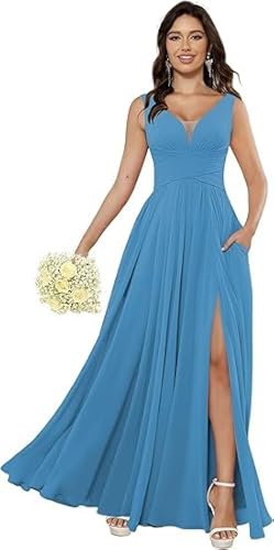 JIIL Abendkleid Blau,Damen Brautjungfernkleider Lang Elegante Chiffon Abendkleider V-Ausschnitt Abiballkleider Formelle Sommer Kleider Für Hochzeit Ozeanblau 42 von JIIL