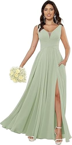 JIIL Abendkleid Blau Lang,Damen Brautjungfernkleider Lang Elegante Chiffon Abendkleider V-Ausschnitt Abiballkleider Formelle Sommer Kleider Für Hochzeit Weise Grün A 36 von JIIL
