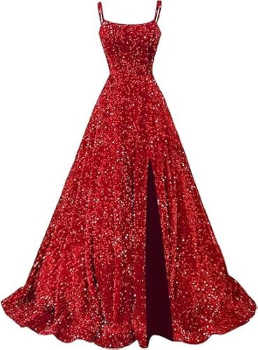 JIIL Abendkleid Damen,Damen Abendkleider Glitzer Lang Spaghettiträgern Sparkly Formelle Abiballkleider Mit Schlitz Festliche Kleider Rot 38 von JIIL