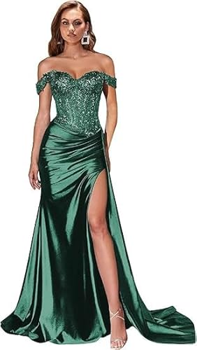 JIIL Abendkleid Damen,Damen Schulterfreies Abendkleider Glitzer Lang Satin Meerjungfrau Falte Brautjungfernkleid Formeller Hochzeit Kleid Blaugrün 40 von JIIL